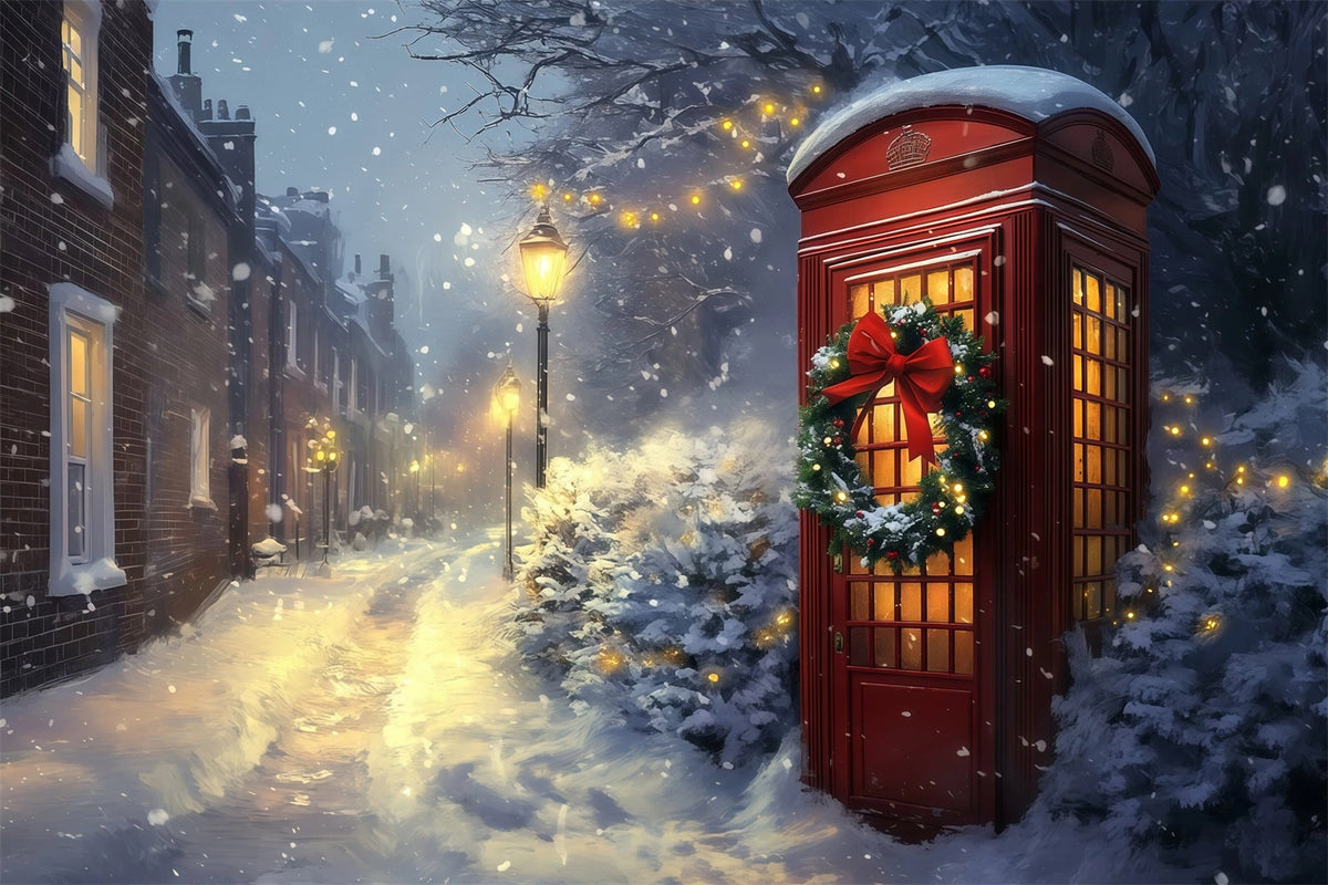 Winter Christmas Backdrop Snowy Red Telephone Booth Backdrop Christmas RR69-96