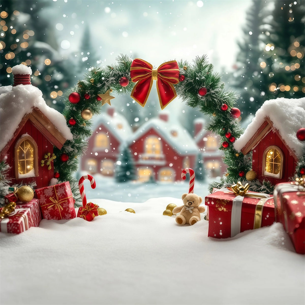 Cute Christmas Backdrop Candy Cane Cottage Archway Christmas Photography Backdrop RR69-97