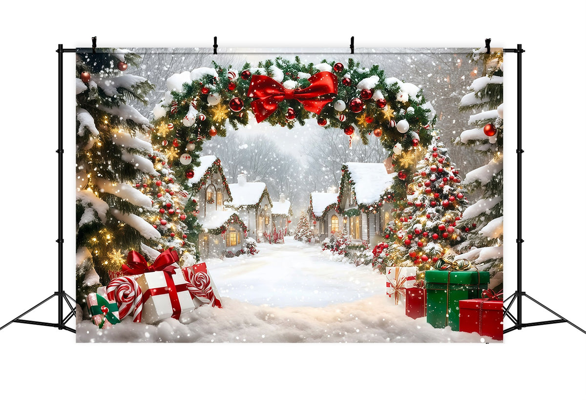 Christmas Village Backdrop Snowy House Garland Arch Professional Christmas Backdrops RR69-98