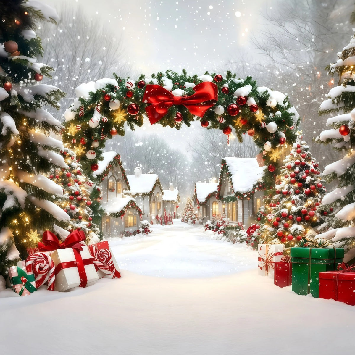 Christmas Village Backdrop Snowy House Garland Arch Professional Christmas Backdrops RR69-98