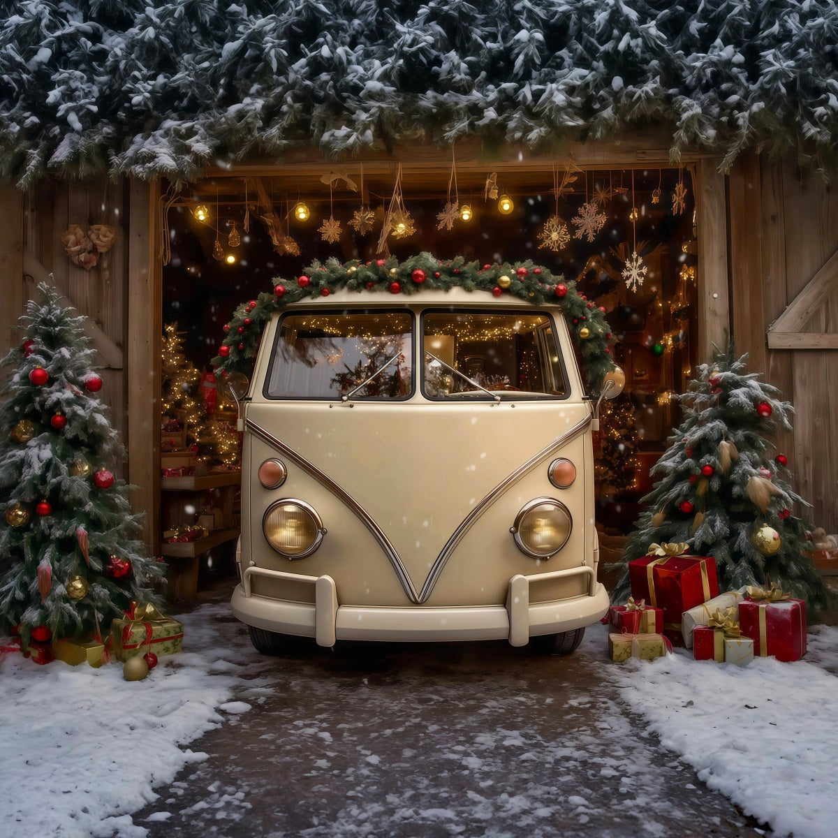 Christmas Farm Backdrop Vintage Van Barn Display Christmas Photography Backdrops RR69-99