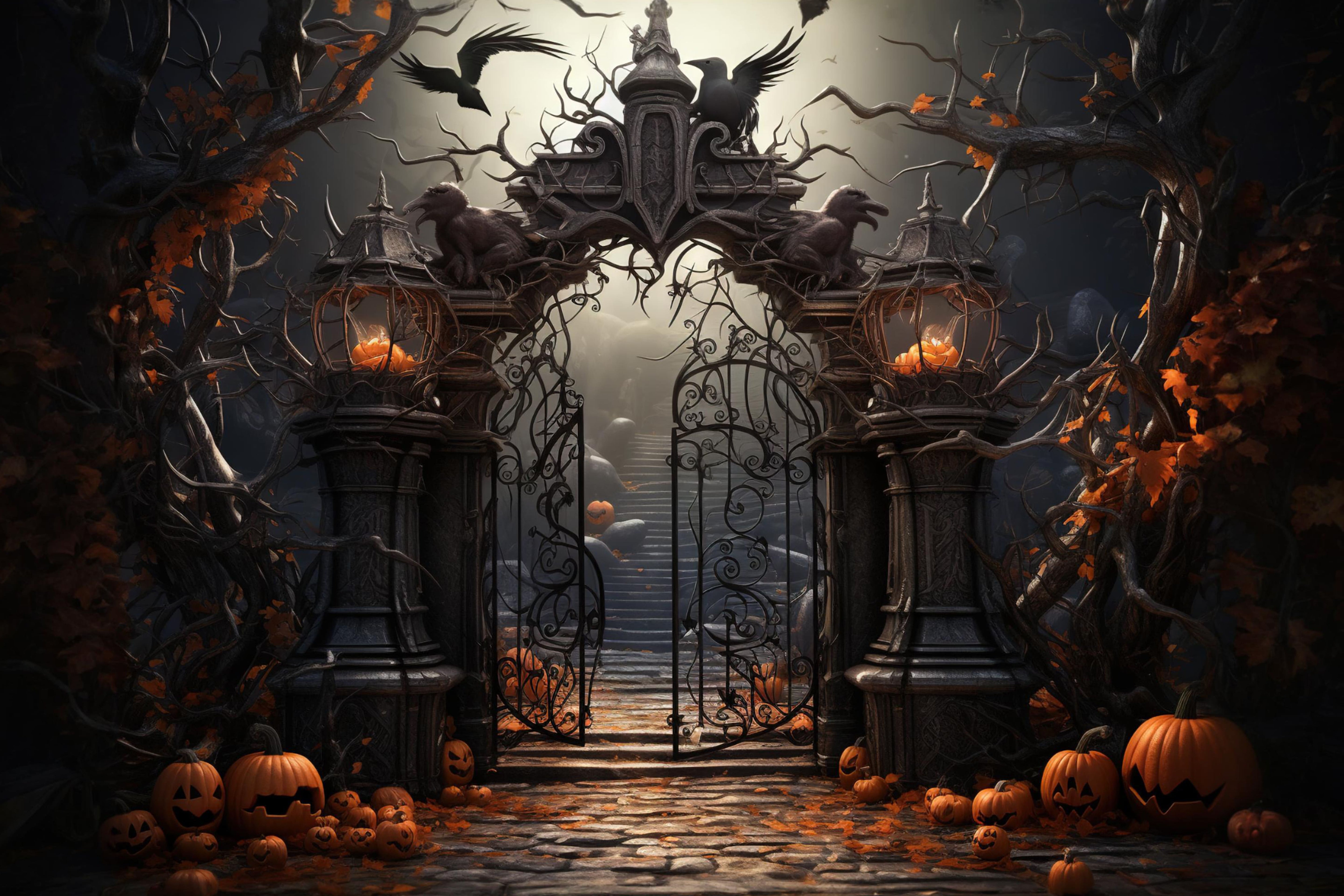 Halloween Cemetery Gate Pumpkins Backdrop RR7-107