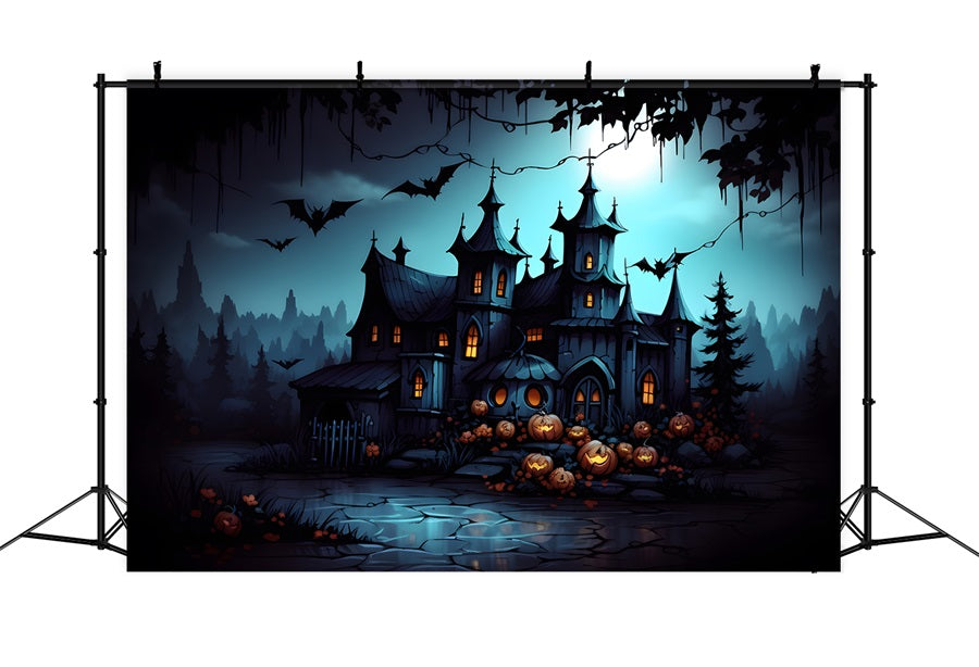 Haunted Gothic Mansion Jack-O'-Lanterns Bats Backdrop RR7-316