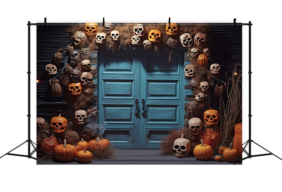 Halloween Skull and Pumpkin Lantern Blue Door Backdrop RR7-343