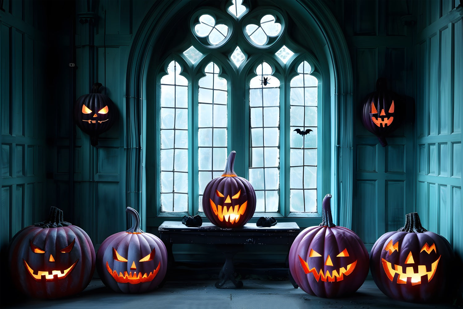 Halloween Gothic Window Jack-o'-Lanterns Backdrop RR7-374