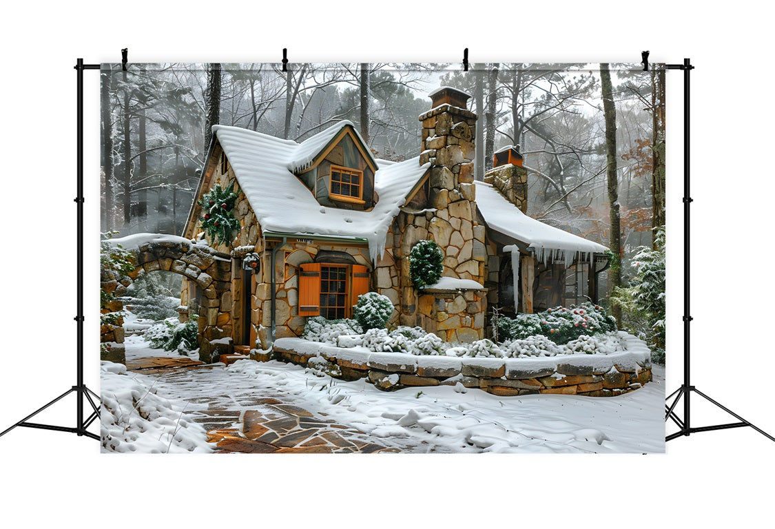 Christmas Snowy Stone Cottage Backdrop RR7-572