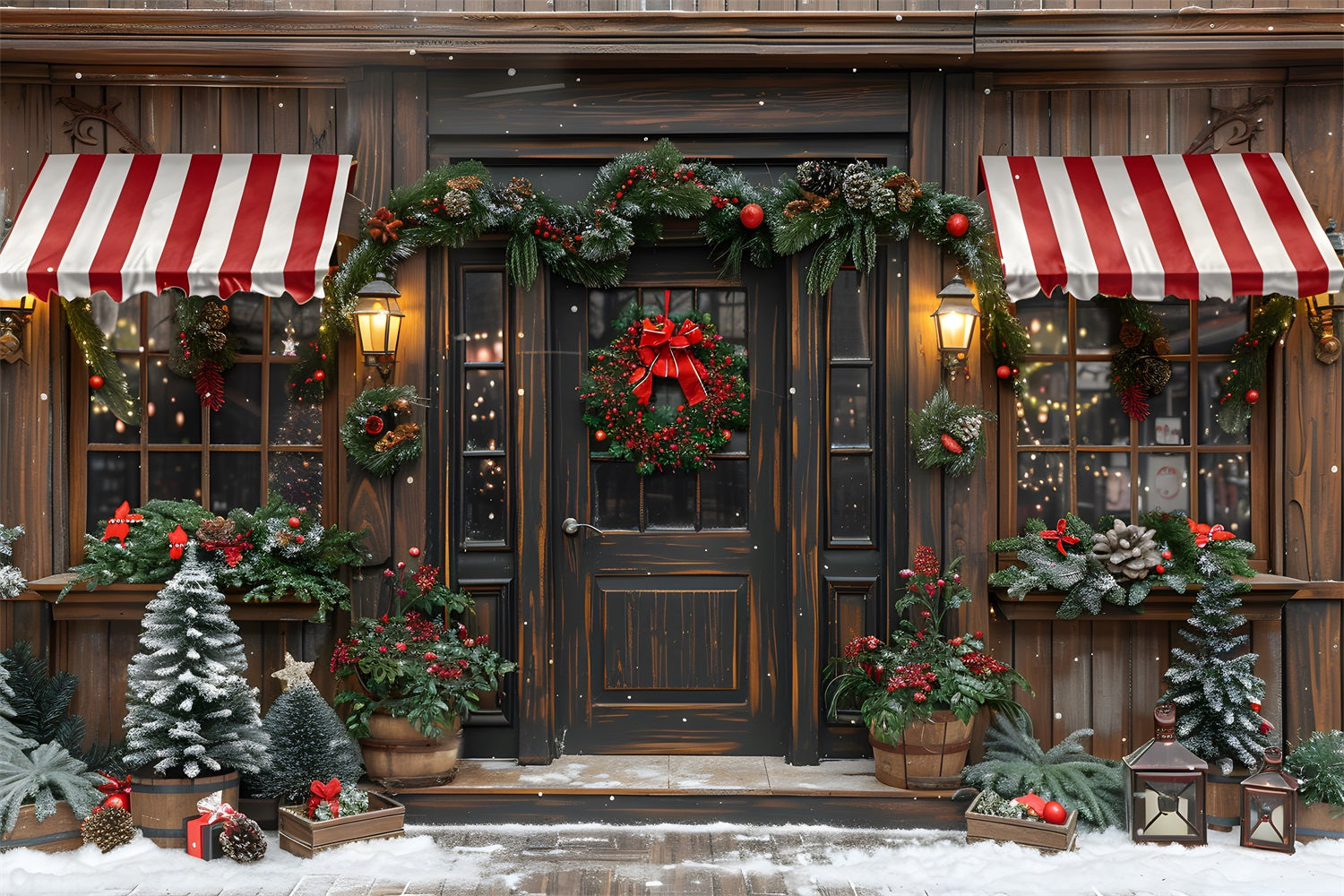 Christmas Rustic Storefront Wreath Backdrop RR7-666