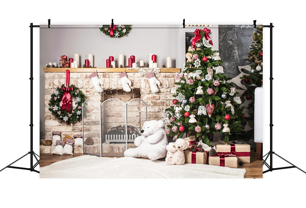 Toy Bear Fireplace Christmas Tree Backdrop RR7-723