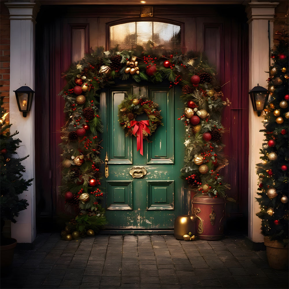 Christmas Balls Wreath Green Door Backdrop RR7-758