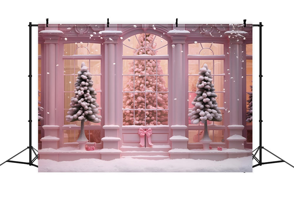 Pink Christmas Tree House Window Backdrop RR7-762