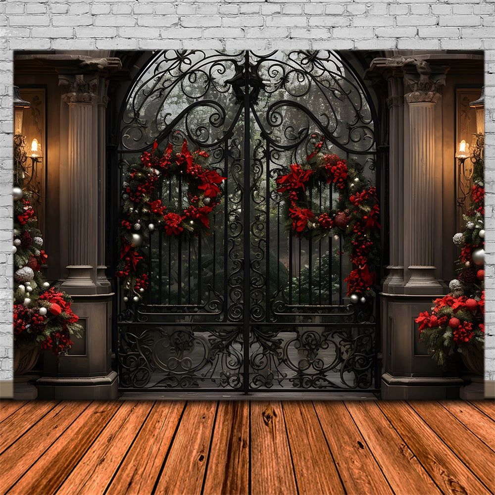 Christmas House Wreath Iron Gate Backdrop RR7-763
