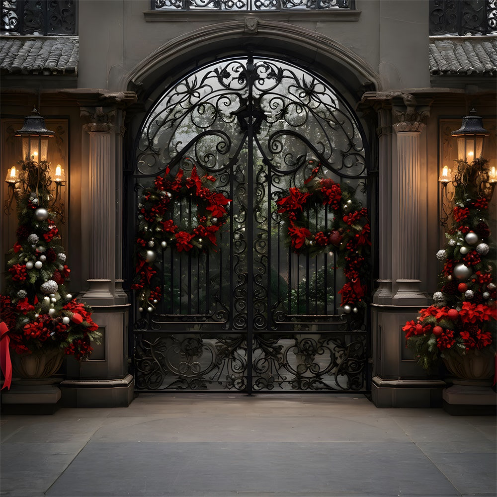 Christmas House Wreath Iron Gate Backdrop RR7-763