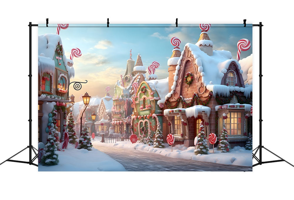 Snow Candy Gingerbread House Town Backdrop RR7-766