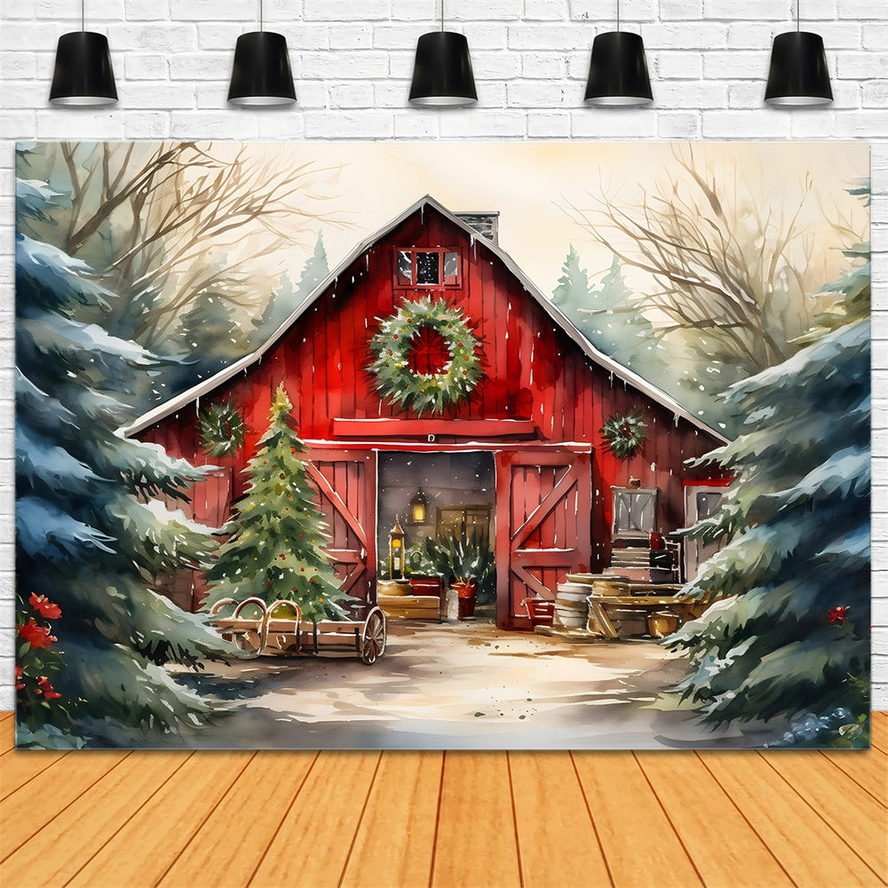Watercolor Wooden House Christmas Tree Backdrop RR7-774
