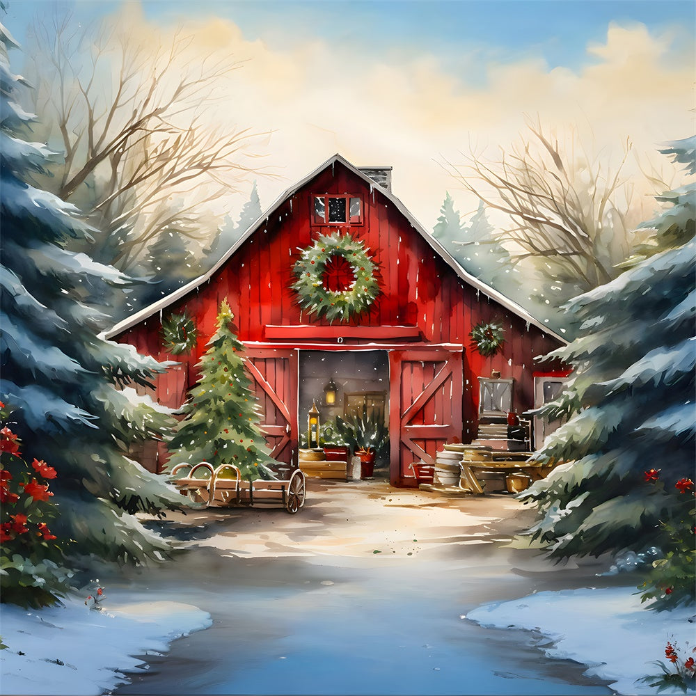Watercolor Wooden House Christmas Tree Backdrop RR7-774