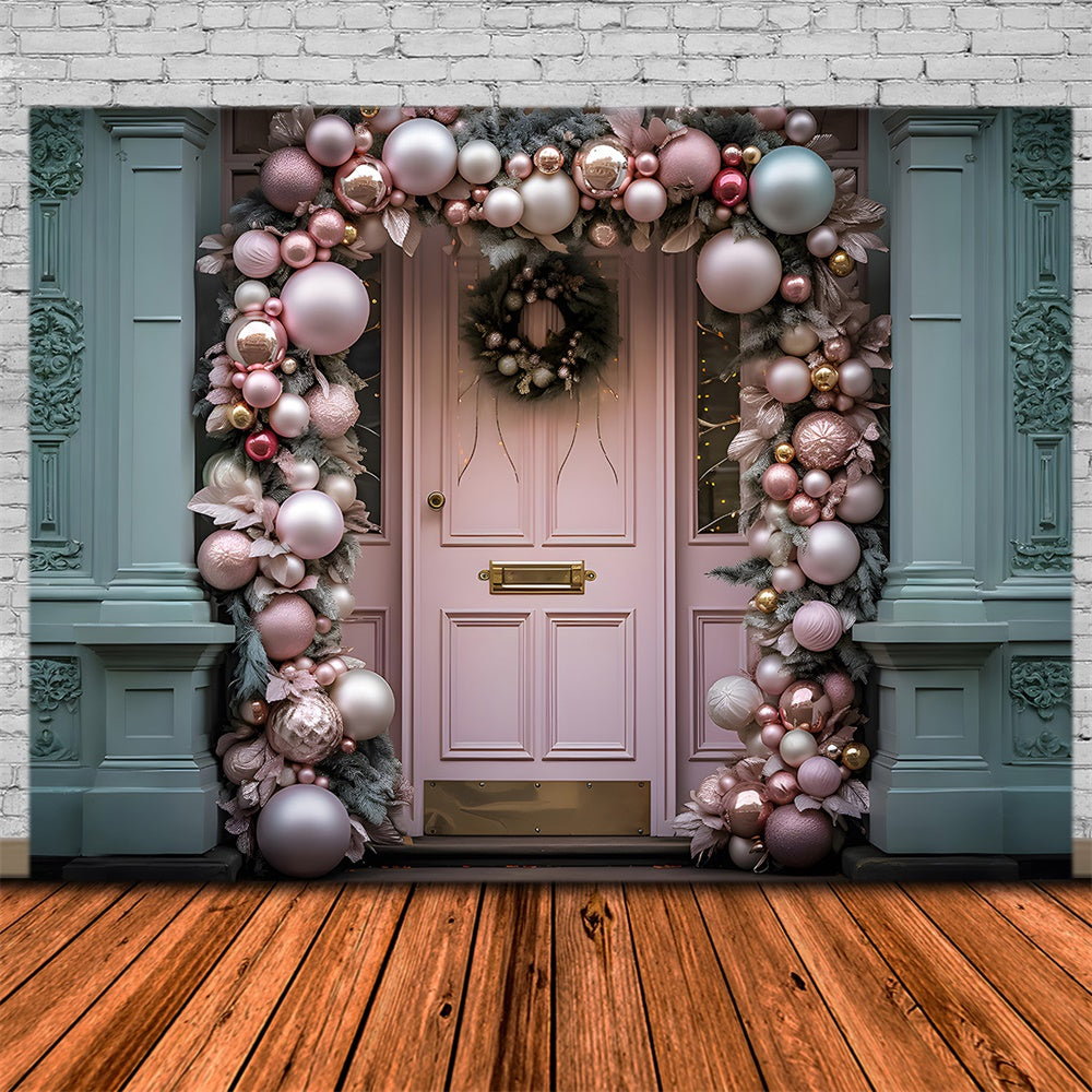 Pink Door Christmas Balls Wreath Backdrop RR7-797