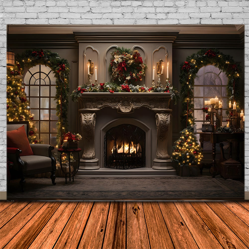 Christmas Living Room Wreath Fireplace Backdrop RR7-861
