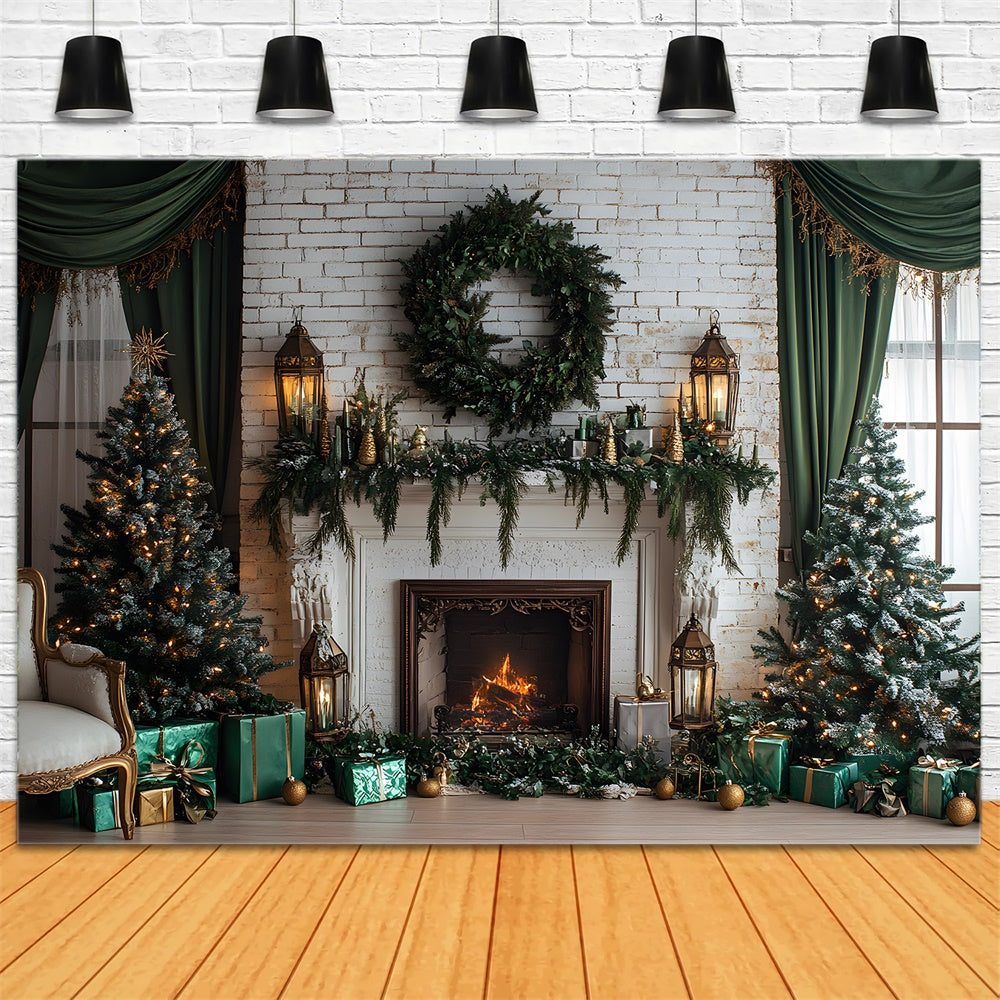 Christmas White Wall Fireplace Wreath Backdrop RR8-119