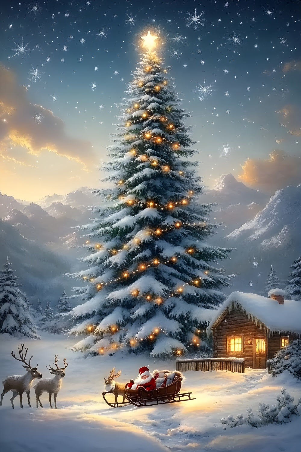 Christmas Trees Santa Sled Reindeer Backdrop RR8-130