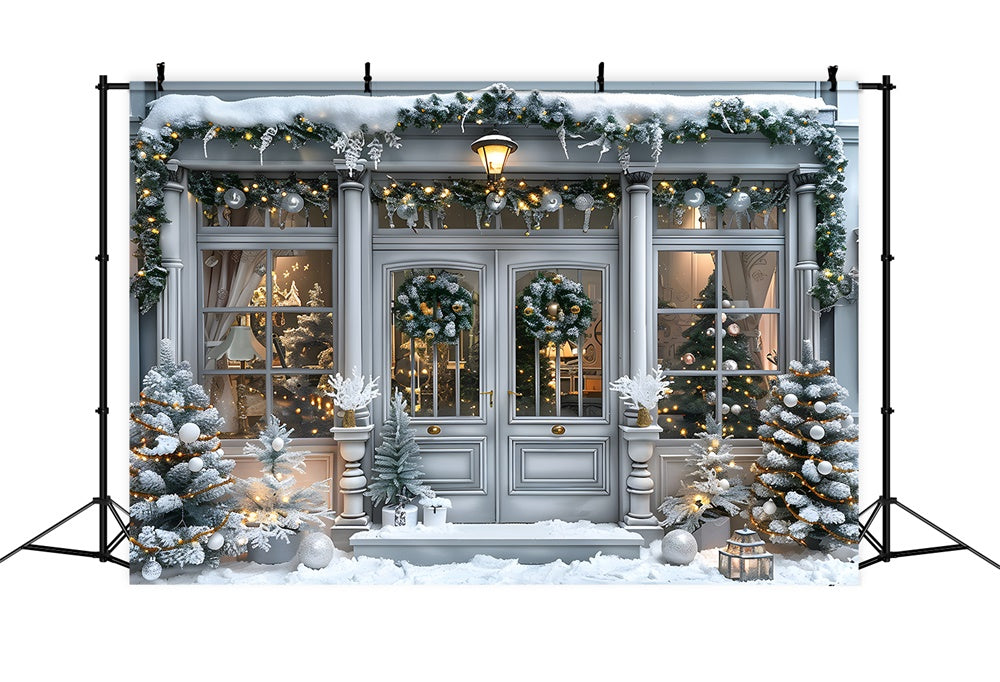 Snow Covered Christmas House Door Backdrop RR8-15