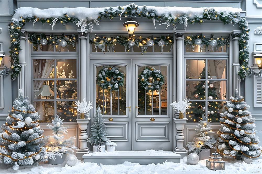 Snow Covered Christmas House Door Backdrop RR8-15