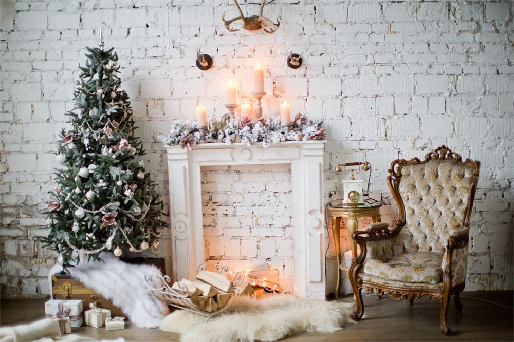 Christmas White Brick Wall Tree Fireplace Backdrop RR8-163