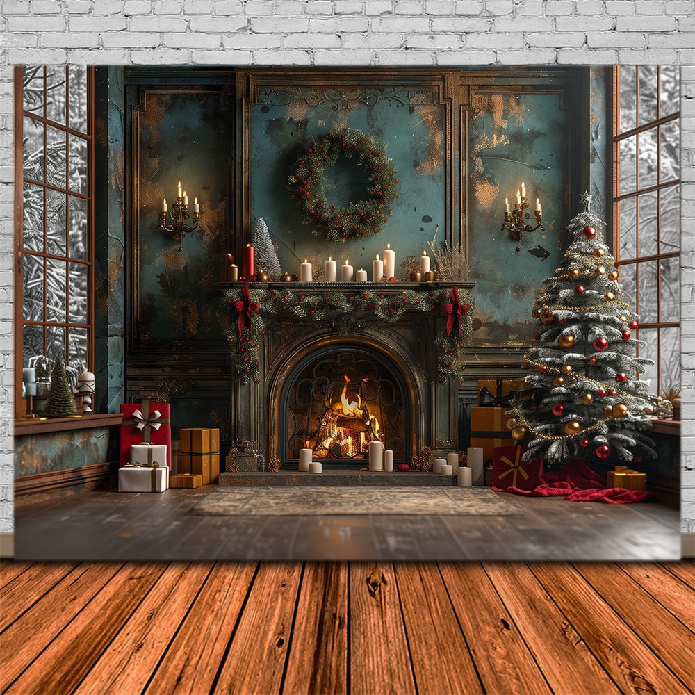 Christmas Vintage Cozy Fireplace Tree Backdrop RR8-169
