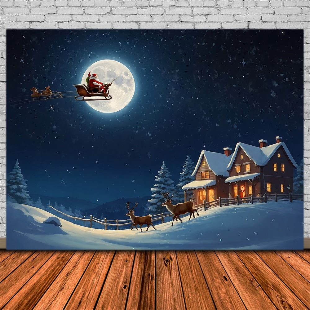 Christmas Santa Sleigh Over Moonlit Village Backdrop RR8-235