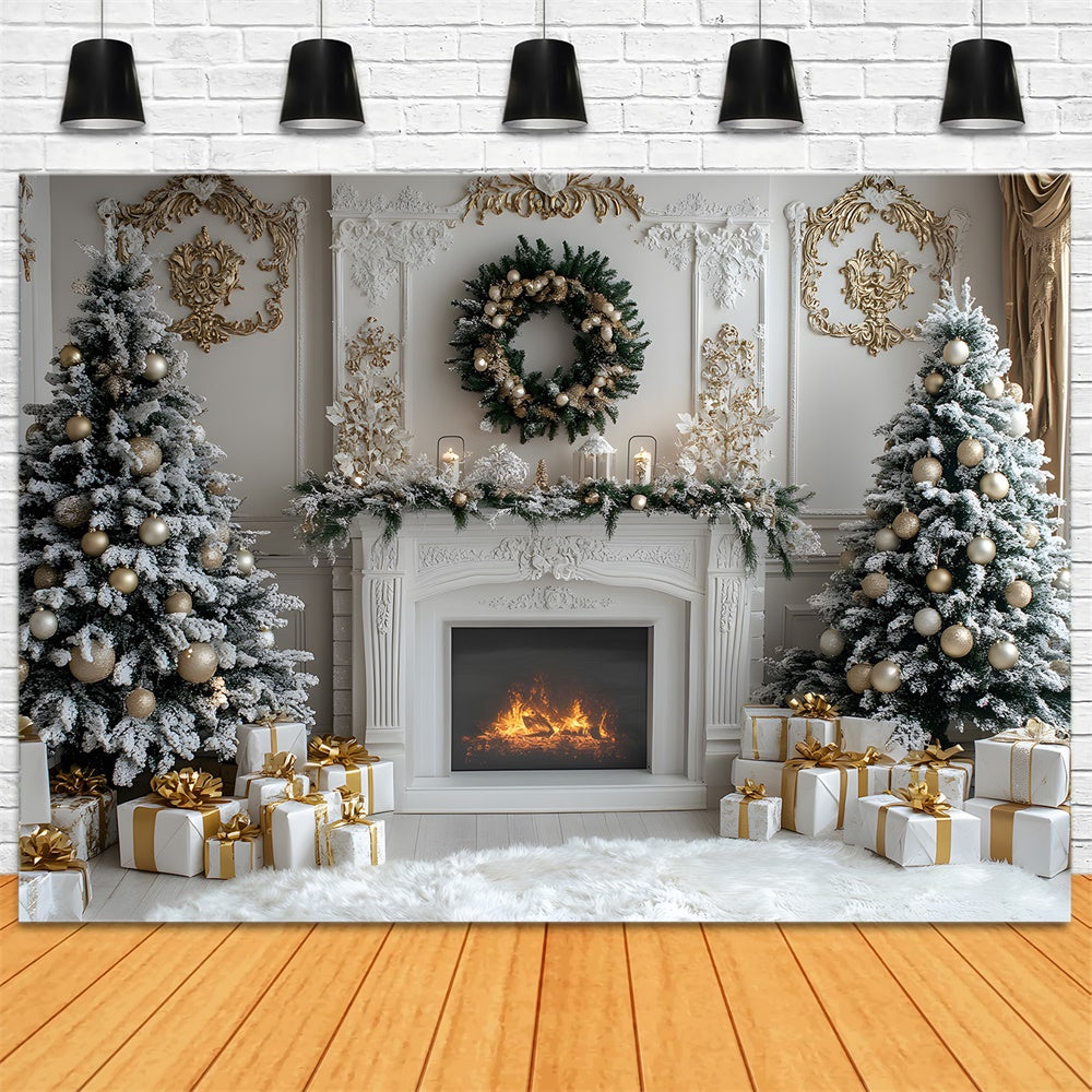 White Fireplace Christmas Trees Wreath Backdrop RR8-38