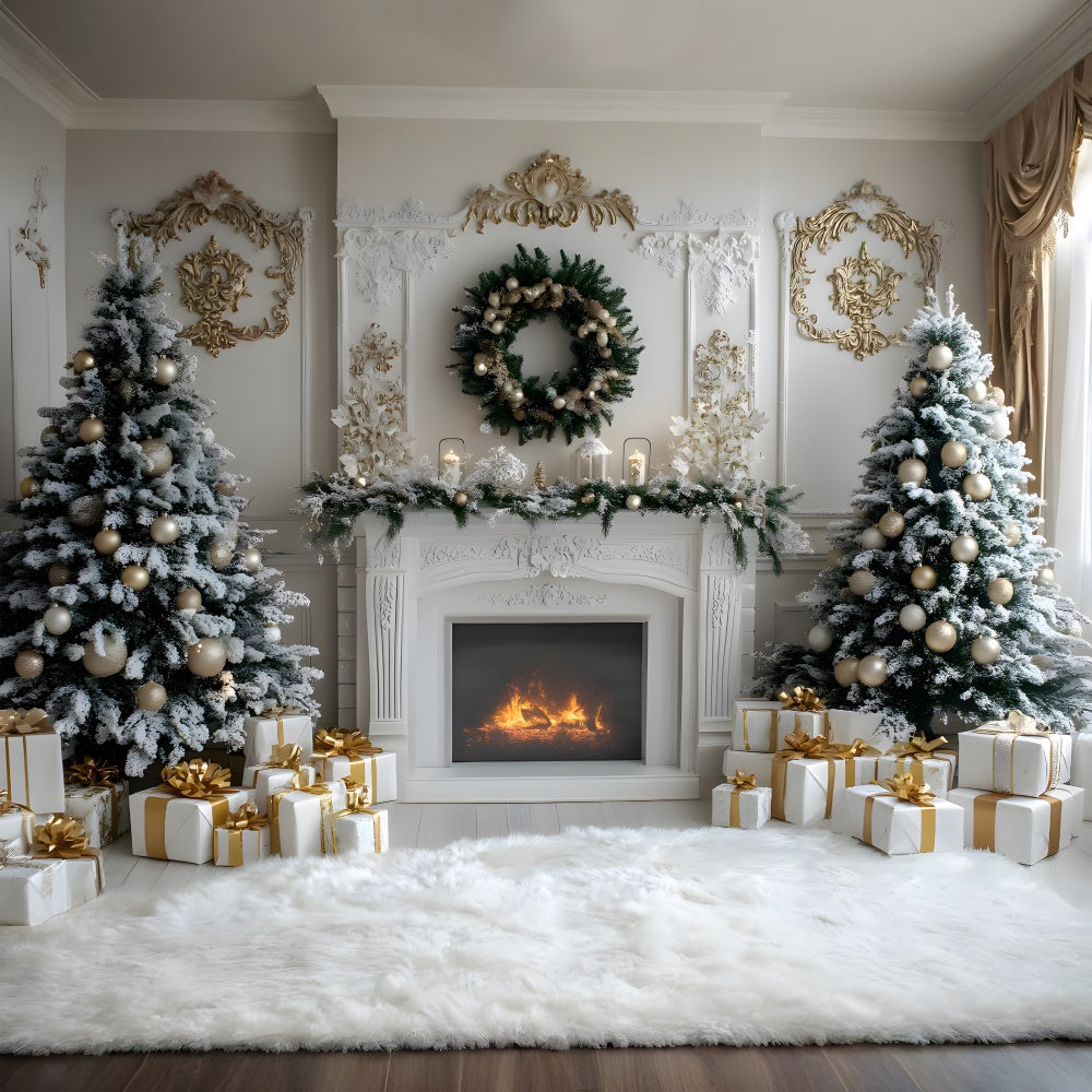 White Fireplace Christmas Trees Wreath Backdrop RR8-38