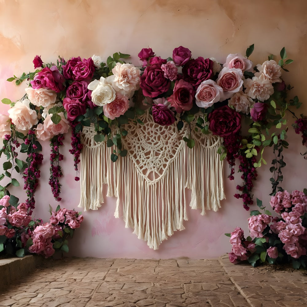 Deep Burgundy Macrame Boho Floral Backdrop RR8-449