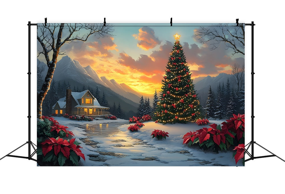 Christmas Tree Village Cottage Sunset Backdrop RR8-52