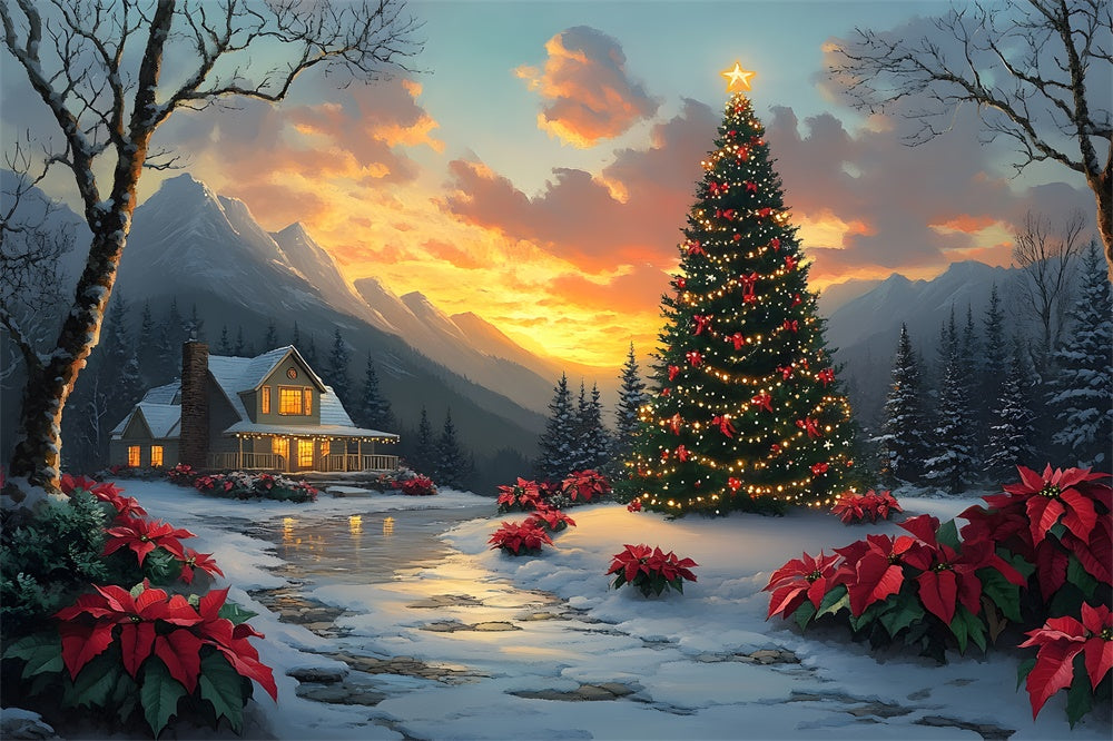 Christmas Tree Village Cottage Sunset Backdrop RR8-52