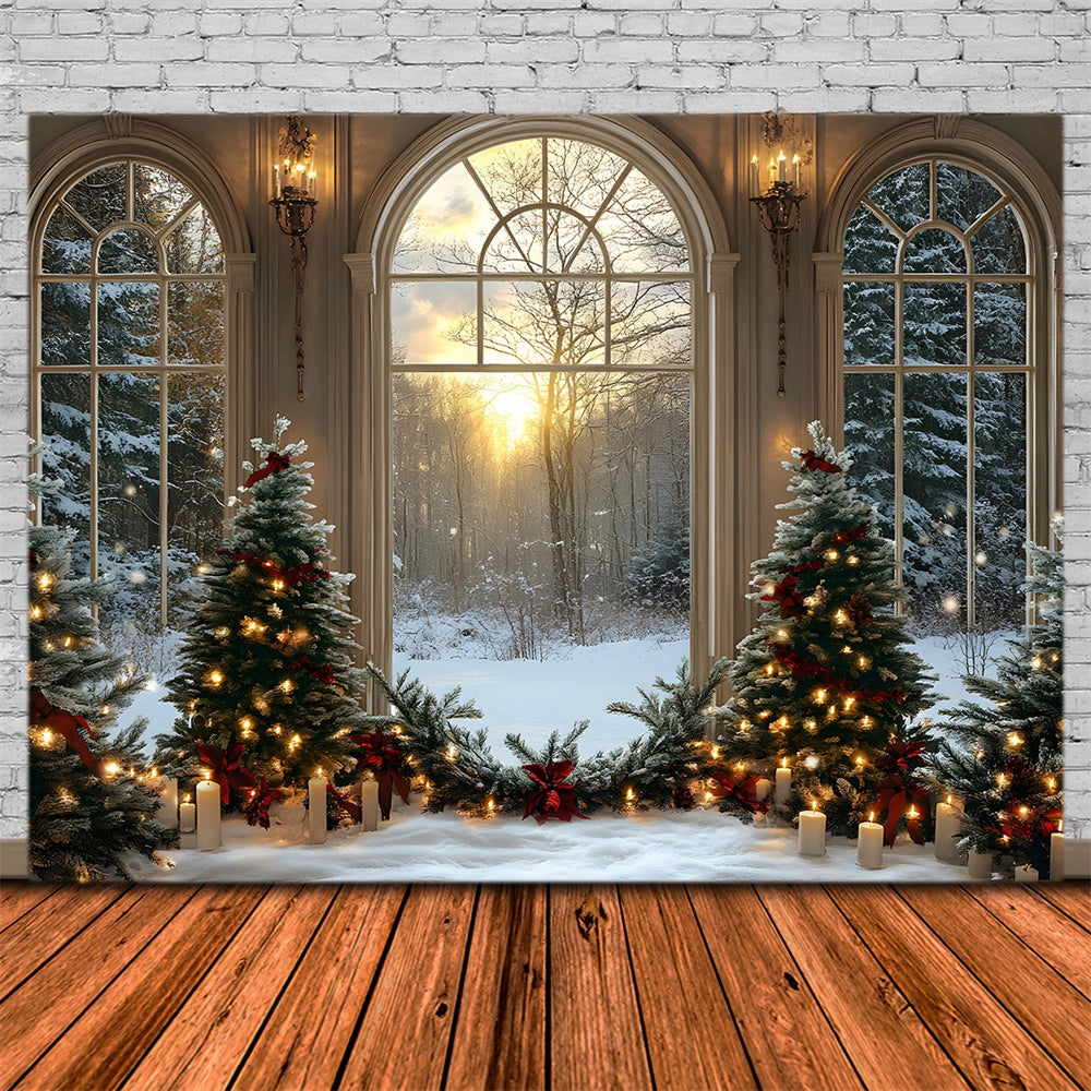 Christmas Trees Candles Window Snow Backdrop RR8-89