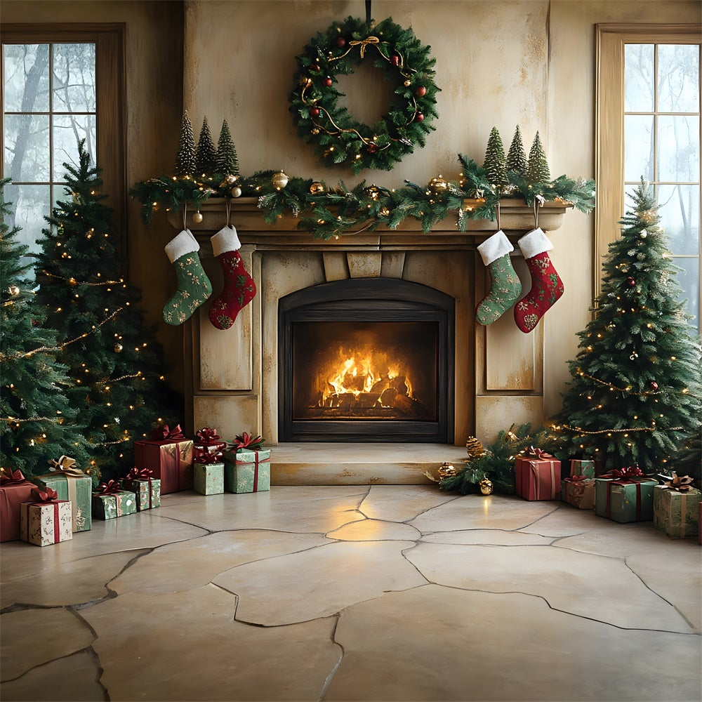 Christmas Tree Lights Fireplace Socks Backdrop RR8-94