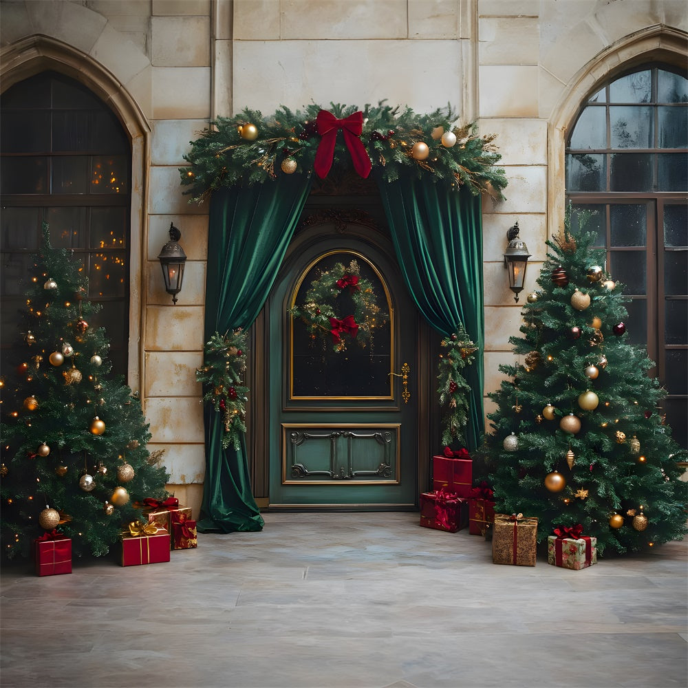 Christmas Green Door Curtain Decorated Trees Backdrop RR9-62
