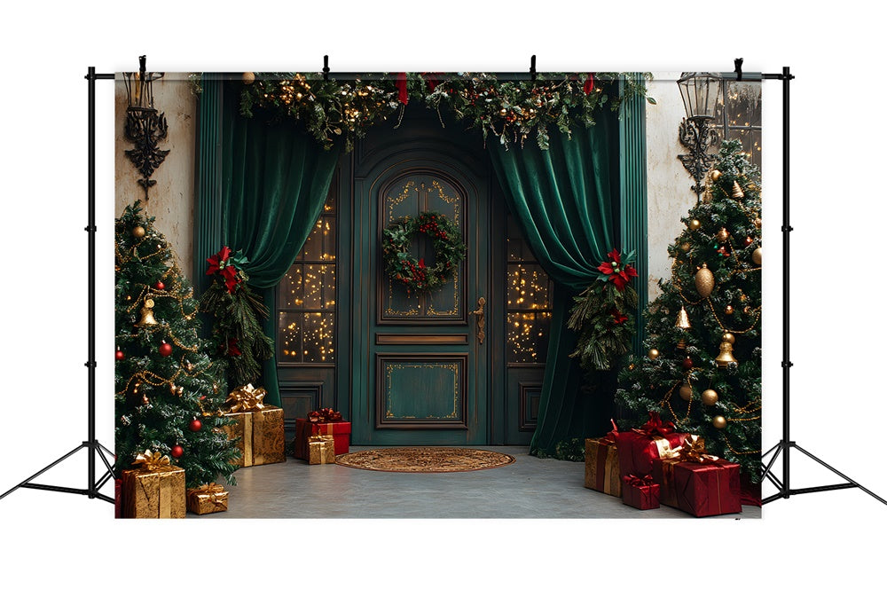 Christmas Retro Room Green Door Curtain Backdrop RR9-74