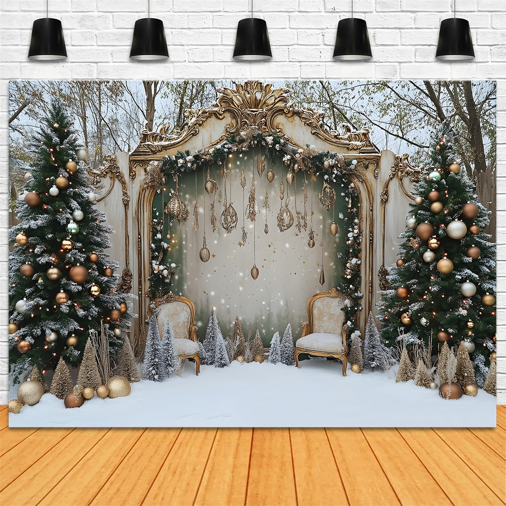 Snowy Christmas Yard Decorated Tree Door Backdrop RR9-79