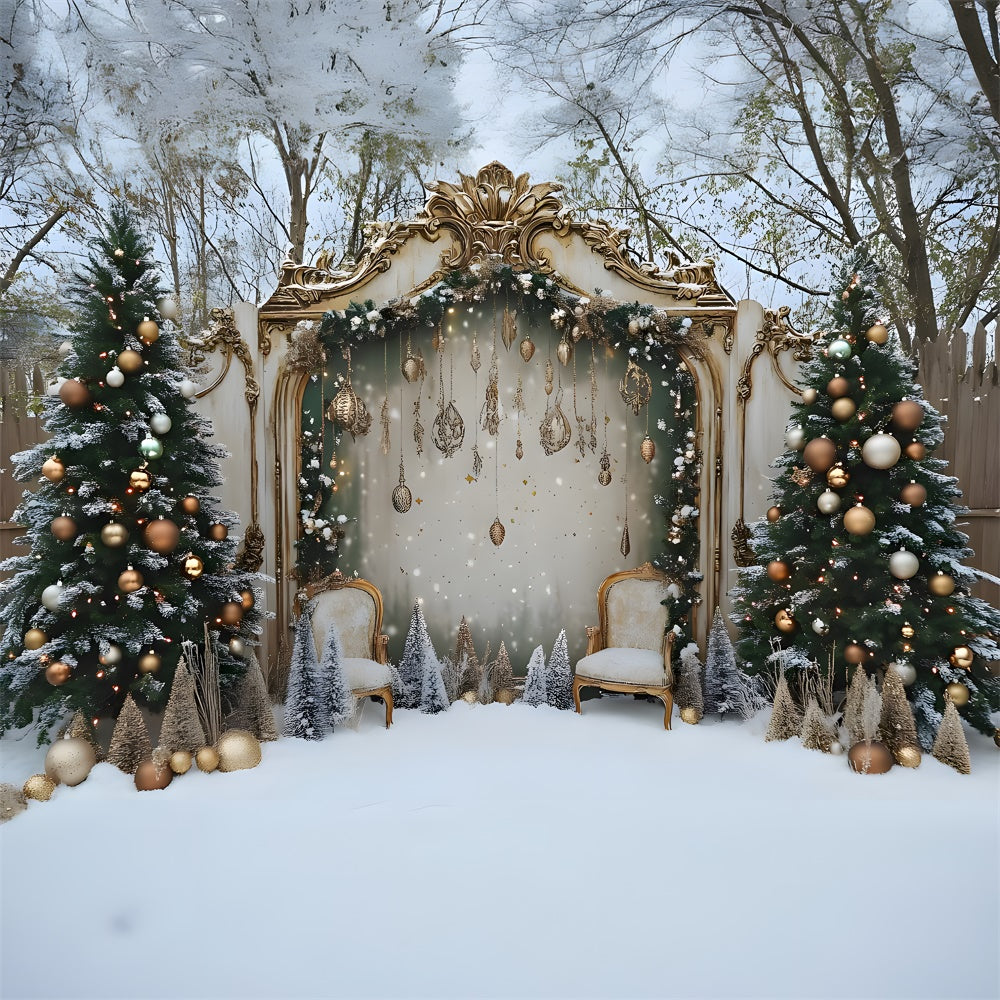 Snowy Christmas Yard Decorated Tree Door Backdrop RR9-79