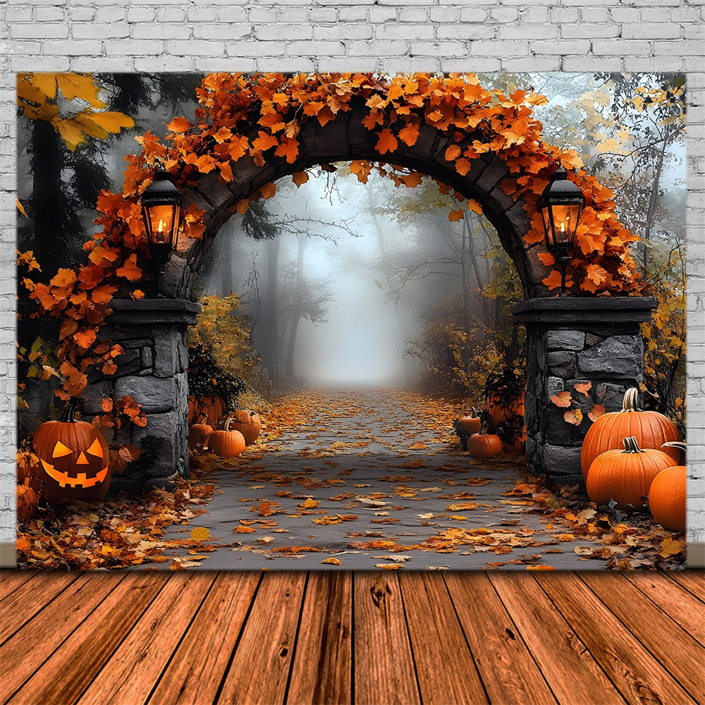 Halloween Stone Arch Maple Leaves Backdrop RR9-97