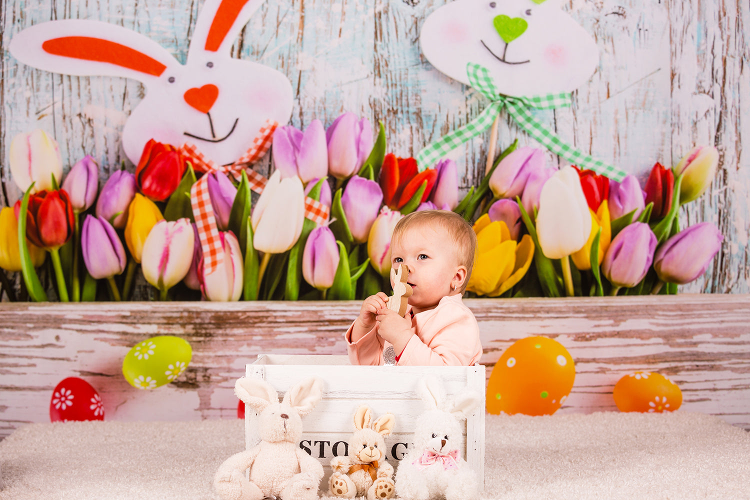 Easter Eggs Bunny Spring Flowers Decorations Backdrop for Photo Studio S-897