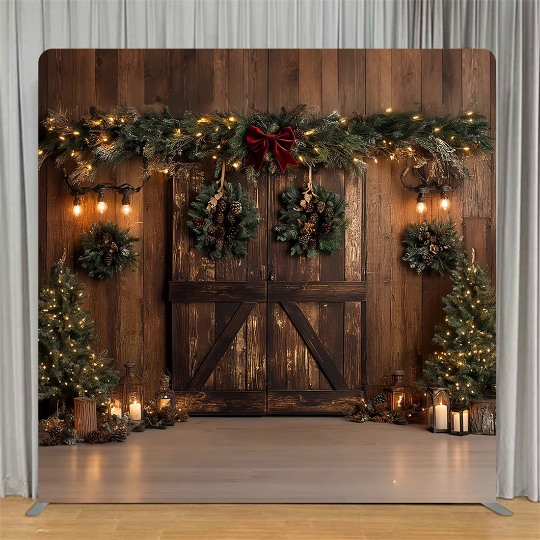 Tension Fabric Backdrop Wood Barn Pinecone Garland Christmas Backdrop TS-CSH6-253