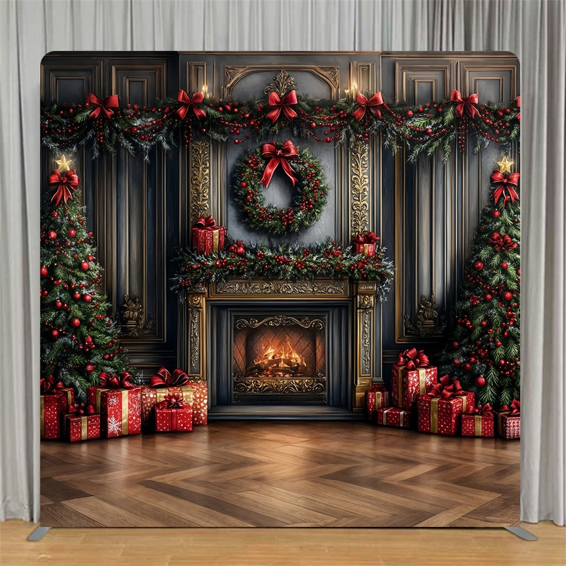 Tension Fabric Backdrop Fireplace Garland Retro Wall Christmas Backdrop TS-CSH6-266