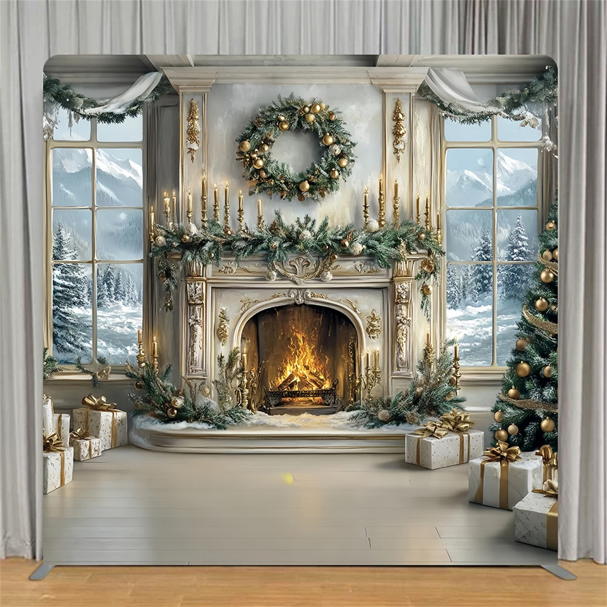 Square Backdrops Luxurious Golden Fireplace Christmas Backdrops TS-TWW58-60