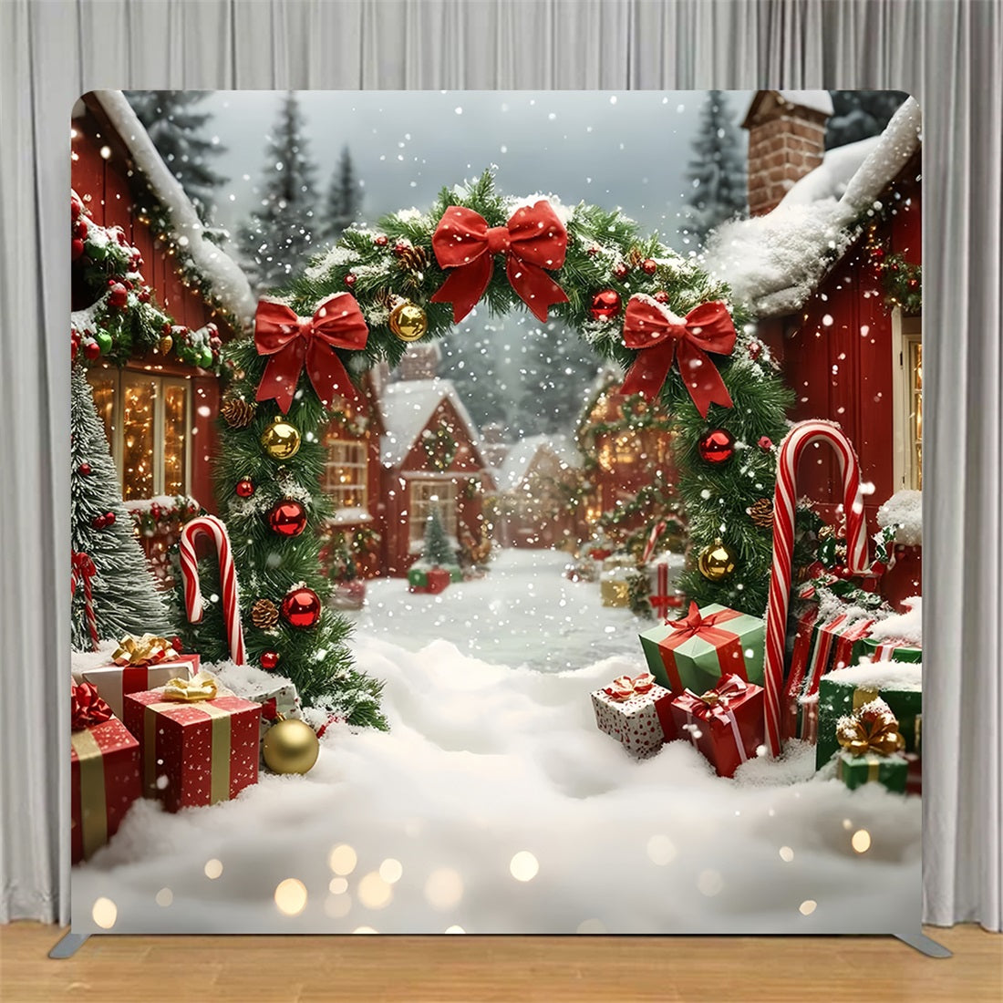 Square Backdrop Cover Snowy Festive Village Arch Christmas Backdrop TS-TWW58-65