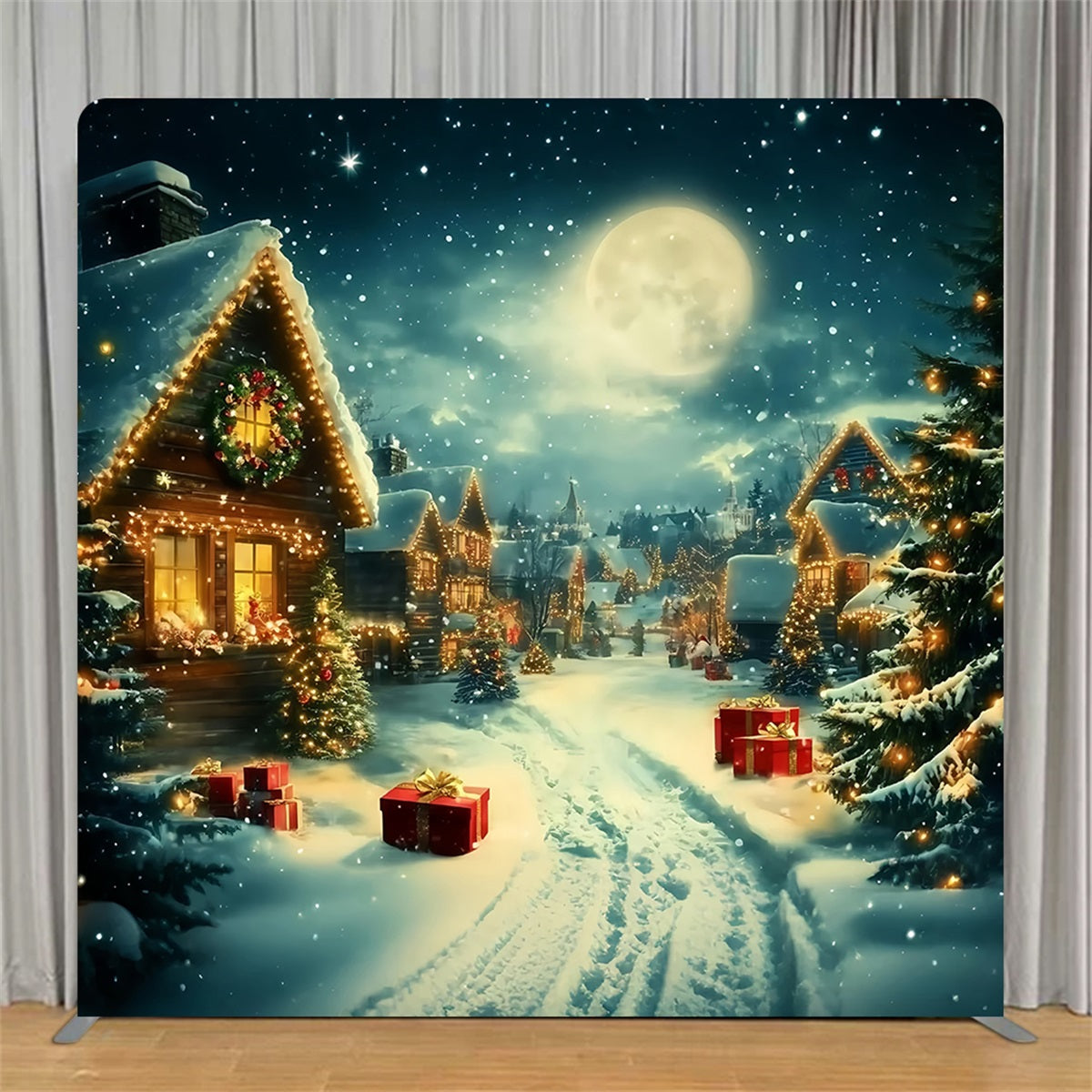 Square Backdrop Tension Pillow Cover Stand Snowy Holiday Village Christmas Backdrop TS-TWW58-68