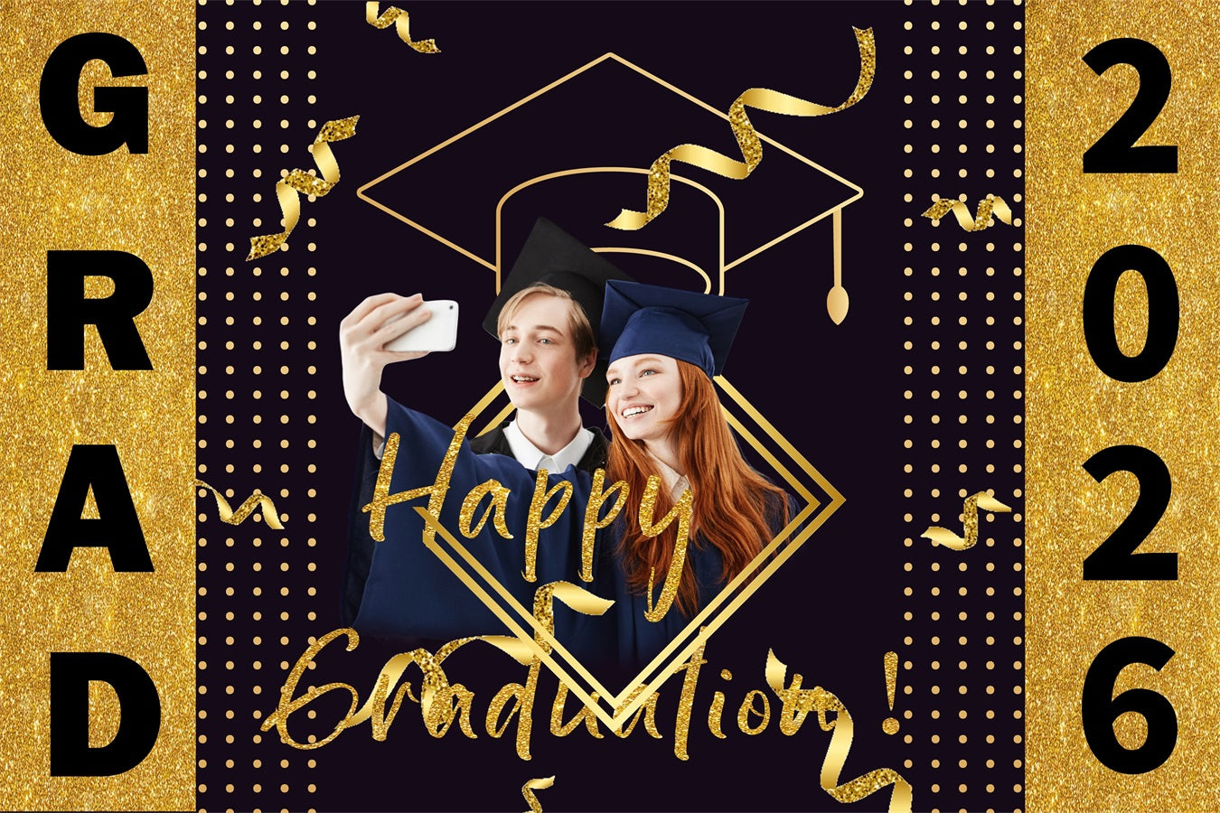 2026 Graduation Backdrop Glitter Cap Streamer Custom Party Graduation Backdrop TWW3-100