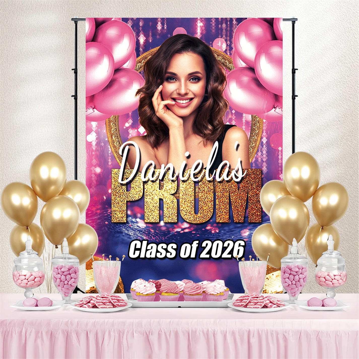 Prom Backdrop Design Glamorous Pink Balloons Personalized Party Graduation Backdrop TWW3-110