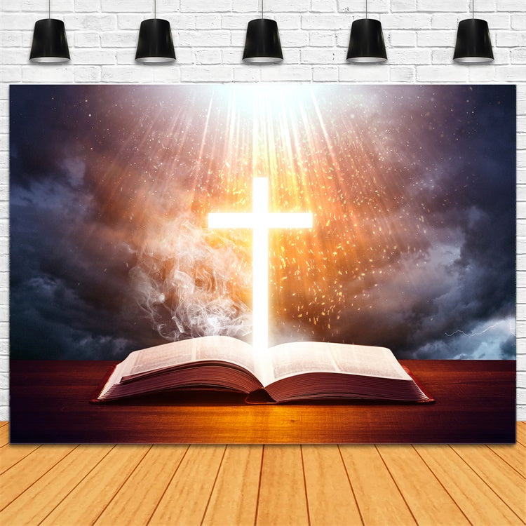 Easter Backdrops Photography Glowing Cross Holy Bible Backdrop TWW3-5