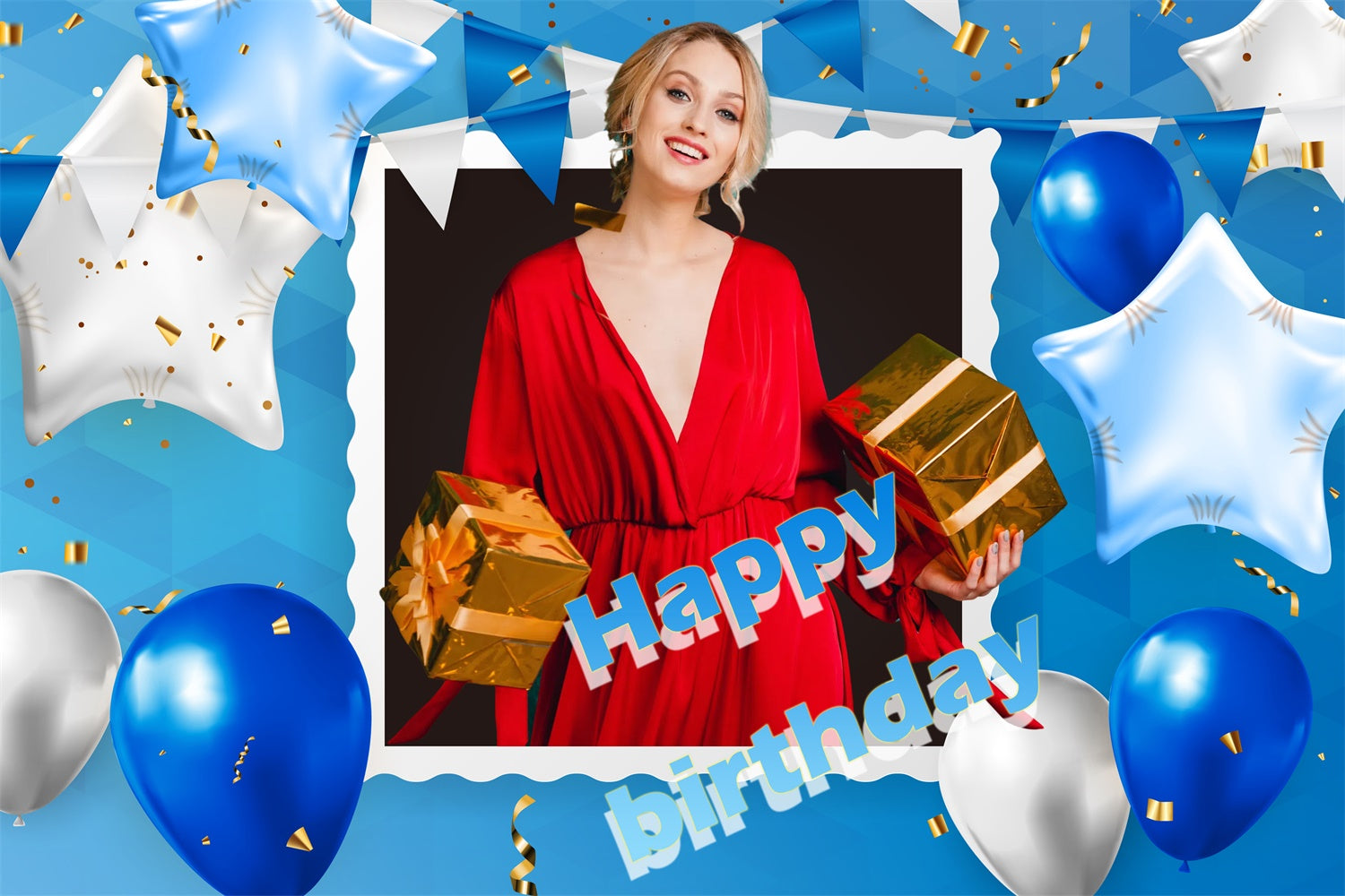 Custom Happy Birthday Backdrop Golden Gift Blue Balloon Backdrop TWW3-66